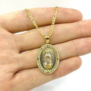 14K Gold Filled Virgen de Guadalupe Necklace Pendant Charm Figaro Chain 20" Dije
